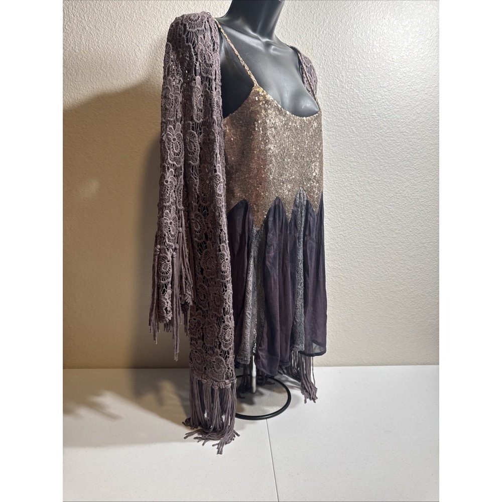 Gimmicks BKE Silk Sequin Tank Lace Fringe Kimono Small Festival Whimsigoth BOHO - Picture 2 of 16
